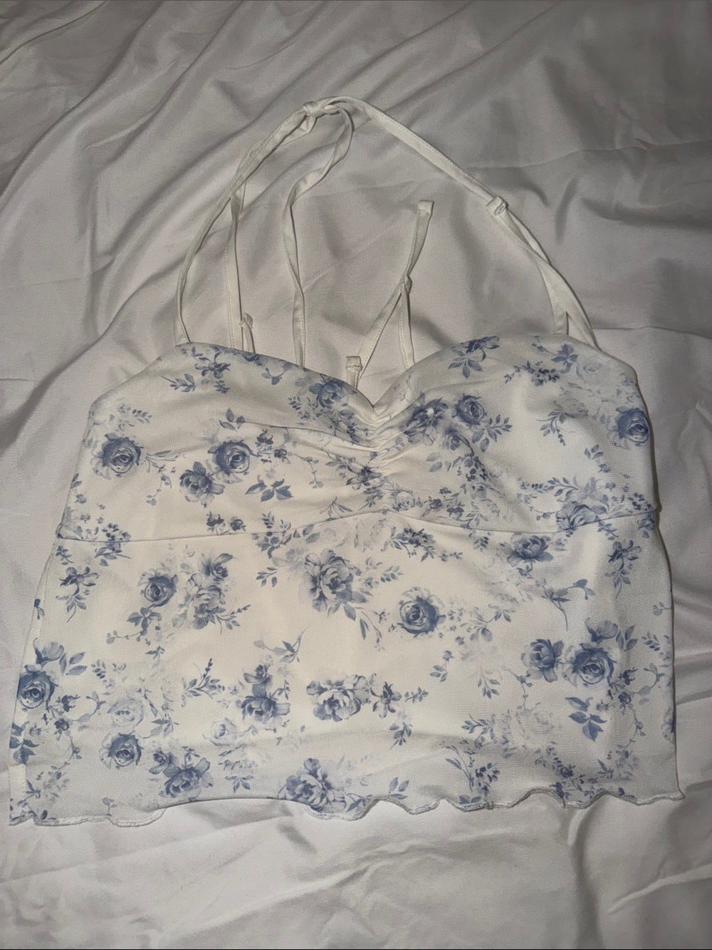 Garage Floral Blue & White Halter Tie Top